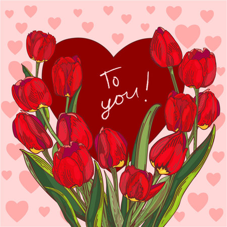 red tulips surround a red heart on a pink background. A romantic and touching postcard for your girlfriend, wife, sister or mother.のイラスト素材