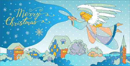 Christmas angel flies over the village and covers it with a veil. vector greeting card hand drawnのイラスト素材