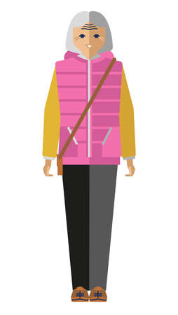 elderly positive woman in a bright vest. flat isolated clipart Vector illustrationのイラスト素材