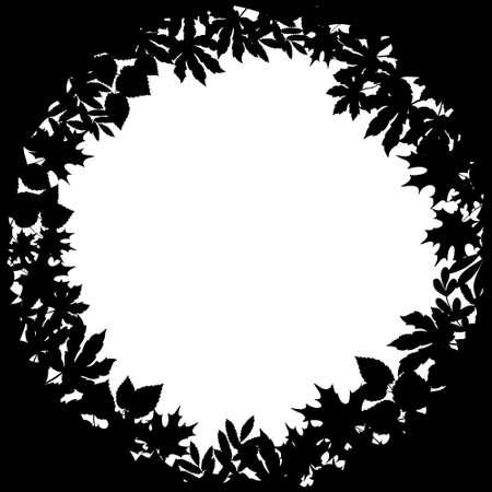 leaves silhouettes round frame. Vector isolated clipart. The openwork leaves of various deciduous trees form a circle. Graceful natural background.のイラスト素材