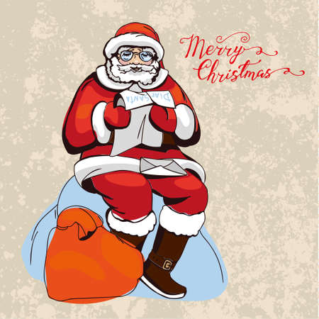 Santa Claus reads a letter, sits on a snowdrift, a bag with gifts lies next to him. Vector Christmas illustration.のイラスト素材