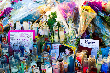 LAS VEGAS  OCT 07, 2017: Memorial Message of the Las Vegas Shooting victims on the Las Vegas Strip Near the Mandalay Bay.のeditorial素材
