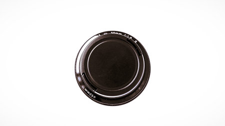 Close up lens cap isolated on white Backgroundの写真素材