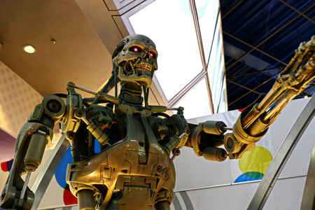 OSAKA, JAPAN-Apr 13, 2019: Photo of the T800 End skeleton from the Terminator 3D, Terminator 6 Dark Fate 2019 coming Soo N.のeditorial素材