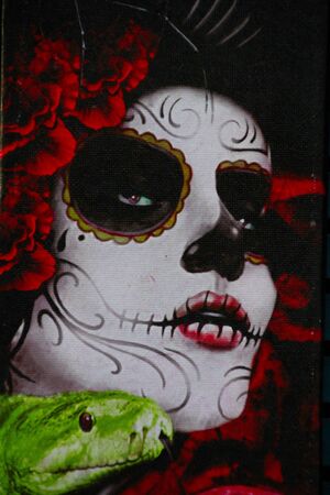 Los Angeles,CA/USA - Oct 31,2015 : Day of the dead festival sign at Olvera street. Woman with skull makeup. Calavera Katrina. Mexican Halloween.のeditorial素材