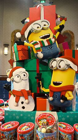 OSAKA, JAPAN - Nov 13, 2019 : Close up of Christmas version of HAPPY MINION statue in Universal Studios Japan. Minions Are Famous Character from Despicable Me Animation.のeditorial素材