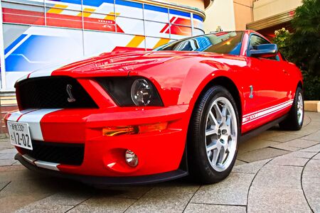Osaka,Japan - Jan 20,2020 : Vehicle badge closeup of a Ford Mustang Shelby GT500 muscle car at Universal Studios Japan.のeditorial素材
