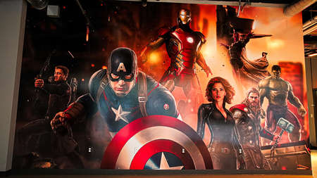 LAS VEGAS, NV, USA - OCT 09, 2017: Marvel superheroes Three, Captain America, Black Widow at the Avengers Station complex in Las Vegas.のeditorial素材