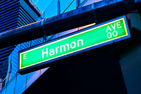 Road sign of Harmon Avenue.Street sign of Harmon Avenue.Green Harmon Avenue Sign with blue sky Background.のeditorial素材