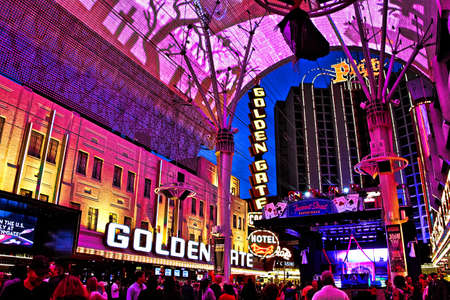 LAS VEGAS,NV - Sep 16, 2018: Golden Gate Hotel & Casino sign related by night in Las Vegas. It Is the Oldest and Smallest Hotel Loced on the Freemont Street Experience.のeditorial素材