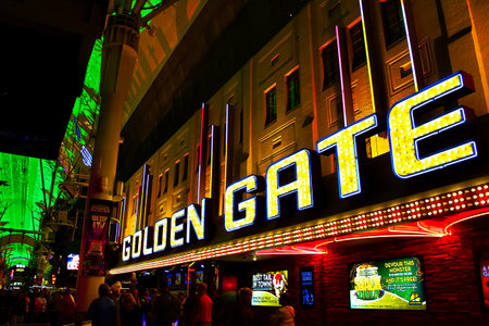 LAS VEGAS,NV - Sep 16, 2018: Golden Gate Hotel & Casino sign related by night in Las Vegas. It Is the Oldest and Smallest Hotel Loced on the Freemont Street Experience.のeditorial素材