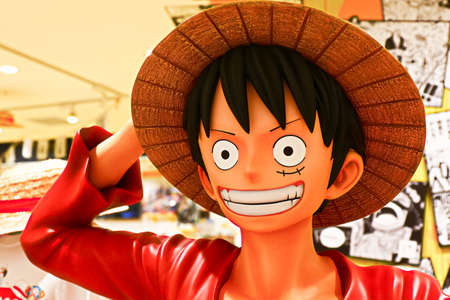 Osaka, Japan - Aug 25, 2020 : Photo of Statue of Monkey D.Luffy from Japanese manga and animation One Piece in Osaka. Luffy is the leader of a Straw hat pirate team.のeditorial素材