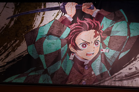 Osaka,Japan - Nov 5,2021 : Photo of Tanjiro Kamado all art poster information : Demon Slayer ("Devil's Blade" Kimetsu no Yaiba) character at Universal Studios Japan.のeditorial素材