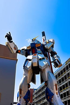 Fukuoka, Japan - Mar 19 ,2023 - Full-size Mobile suit RX-93ffv (Nu) Gundam at the Gundam Park in front of Mitsui Shopping Park Lalaport Fukuoka.のeditorial素材