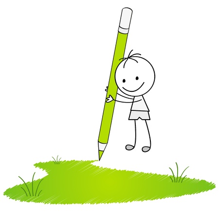 Doodle boy drawing grassのイラスト素材