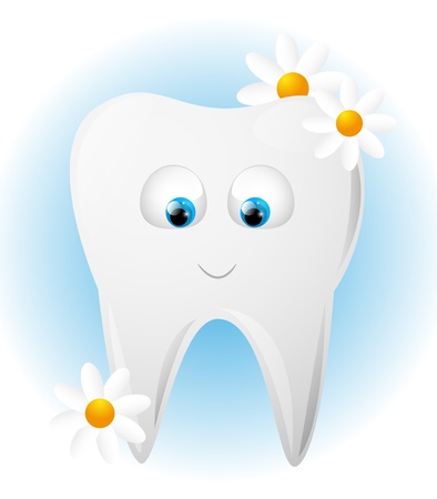 Funny tooth character with daisiesの写真素材