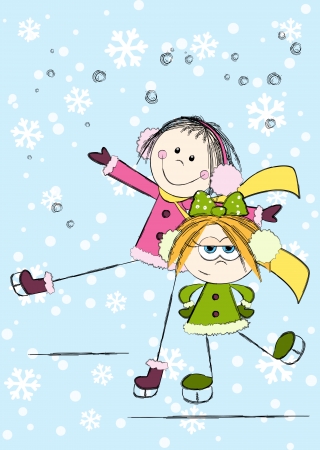 Funny girls on winter backgroundのイラスト素材
