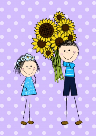 Funny doodle couple with sunflowersのイラスト素材