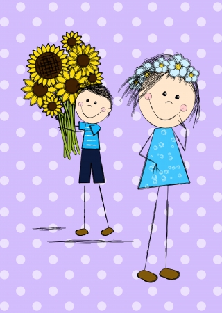 Funny doodle couple with sunflowersのイラスト素材