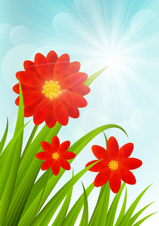 Red flowers on blue sky backgroundのイラスト素材