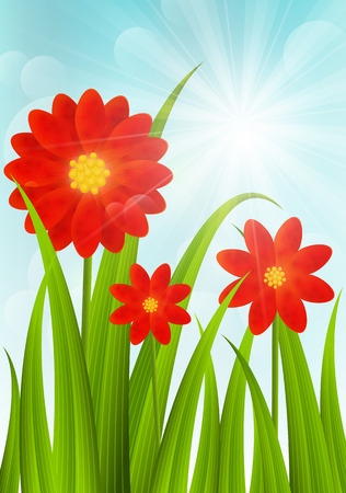 Red flowers on blue sky backgroundのイラスト素材
