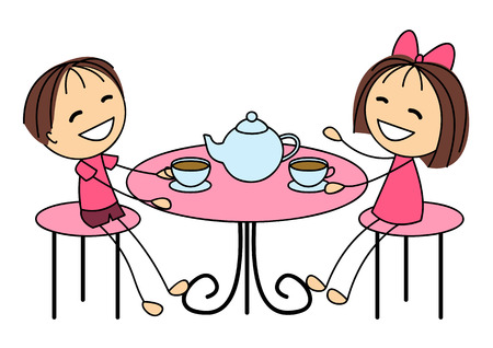 Cute little kids drinking teaのイラスト素材