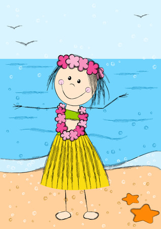 Happy Hawaii girl on sea backgroundのイラスト素材