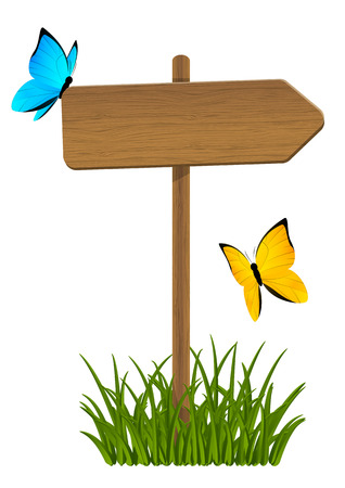 Wooden signpost with green grass and butterfliesのイラスト素材