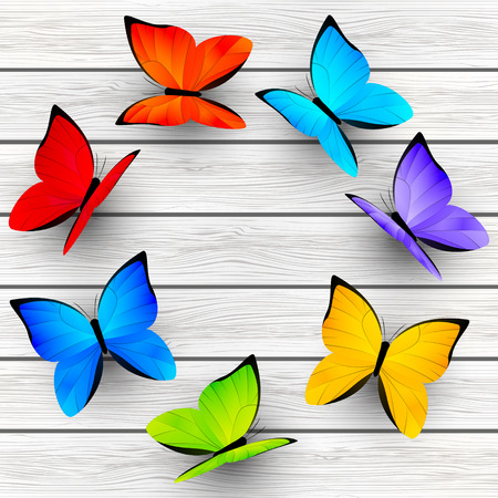 Color butterflies on wooden backgroundのイラスト素材