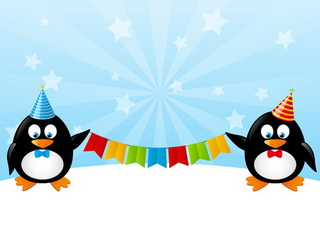 Funny penguins with party flagsのイラスト素材