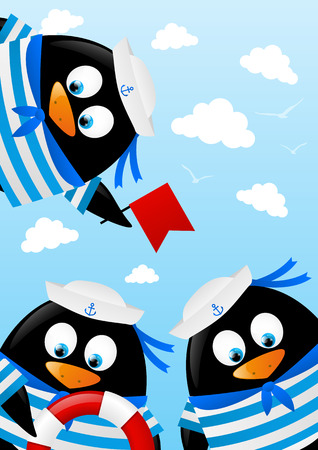 Cute penguin sailors on sea backgroundのイラスト素材