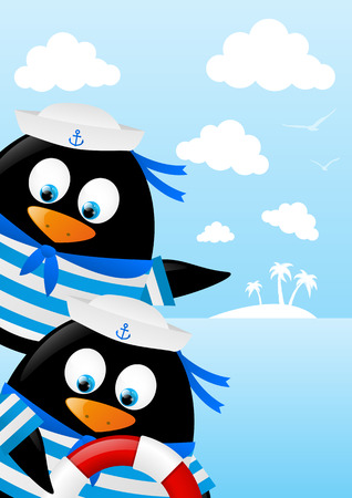 Cute penguin sailors on sea backgroundのイラスト素材