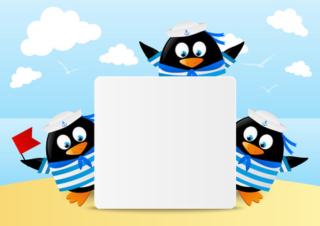 Cute penguins on sea backgroundのイラスト素材