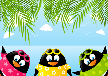 Cute penguins on summer backgroundのイラスト素材