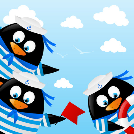 Cute penguin sailors on sea backgroundのイラスト素材