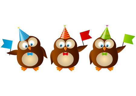 Cute Birthday owls with flagsのイラスト素材