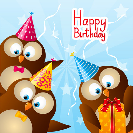 Birthday card with funny owlsのイラスト素材