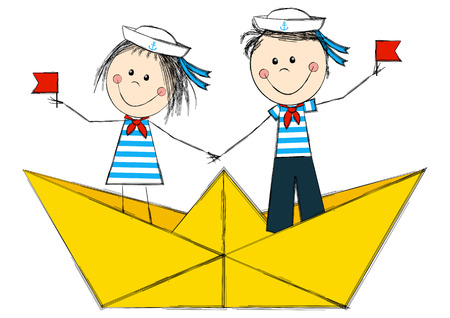 Funny kids in paper boatのイラスト素材