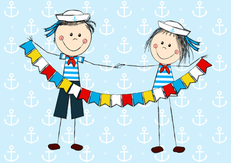 Funny sailor kids with color flagsのイラスト素材