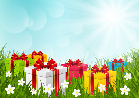 Gift boxes on green grassのイラスト素材