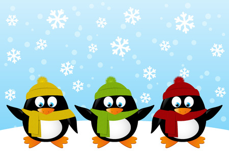 Funny cartoon penguins on winter backgroundのイラスト素材