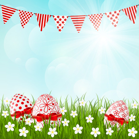 Easter red eggs on green grassのイラスト素材