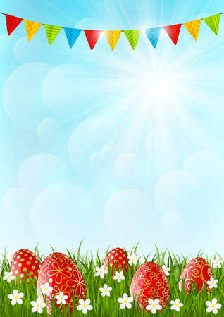 Easter color eggs on green grassのイラスト素材