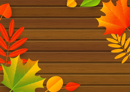 Autumn leaves on wooden backgroundのイラスト素材