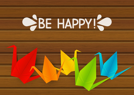 Paper origami cranes on wooden backgroundのイラスト素材