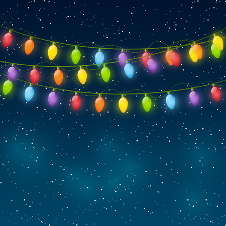Christmas lights on night sky backgroundのイラスト素材