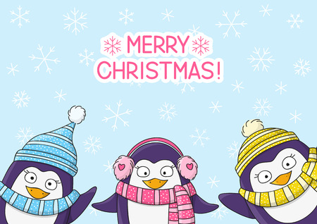 Cute penguins on snow backgroundのイラスト素材