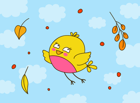 Cute cartoon bird with autumn leavesのイラスト素材