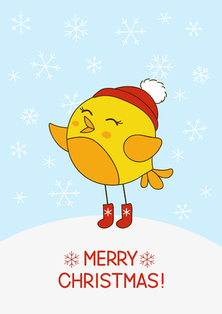 Cute cartoon bird on snow backgroundのイラスト素材