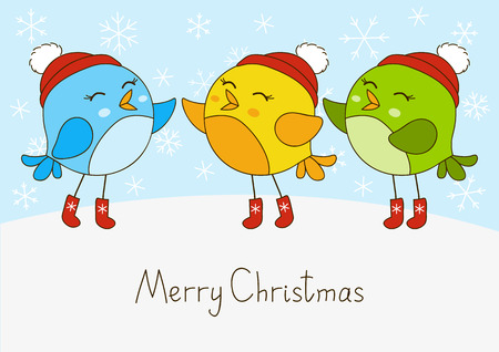 Cute cartoon birds on snow backgroundのイラスト素材